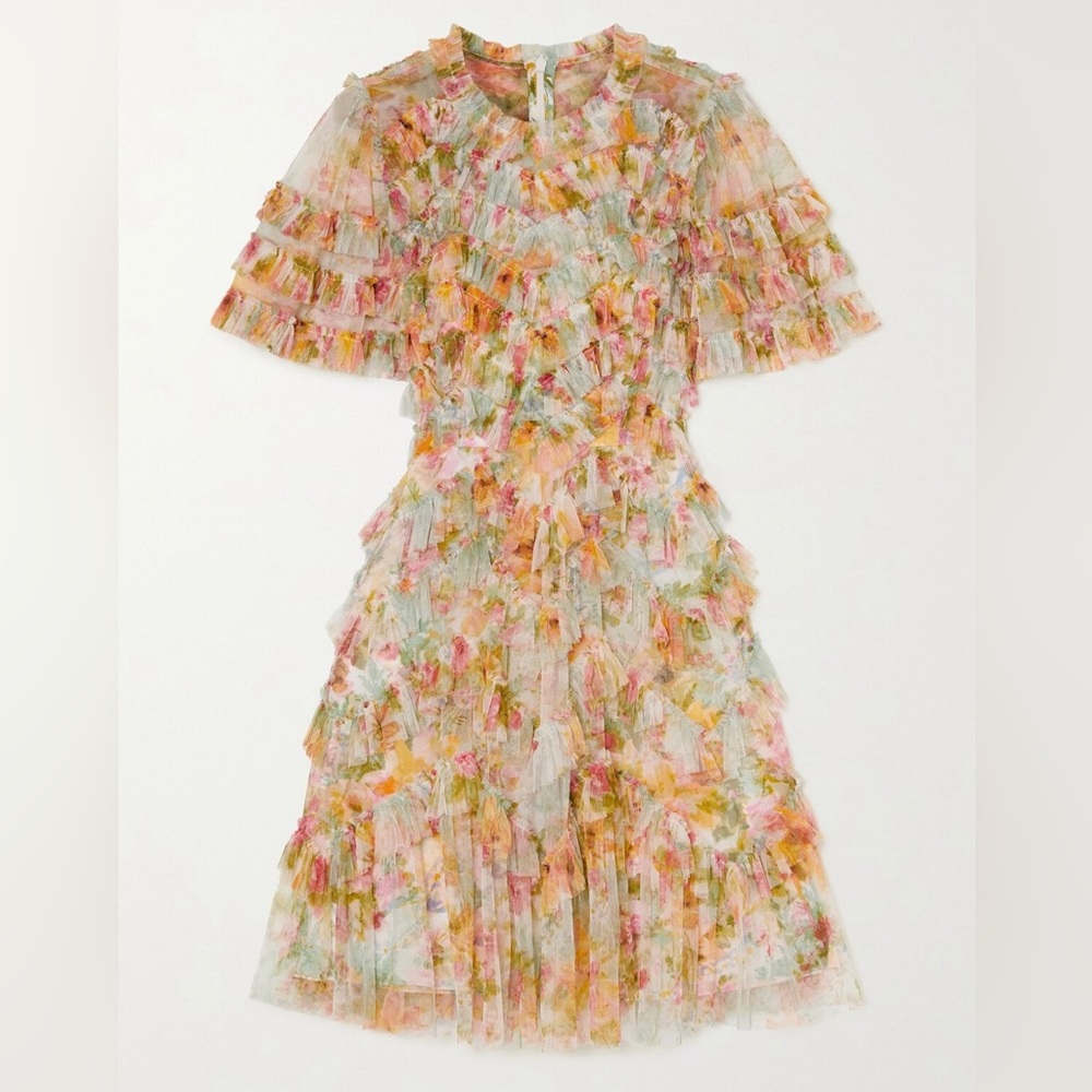 Needle & Thread Sunset Garden Ruffled Floral Mini Dress- Orange Sz6